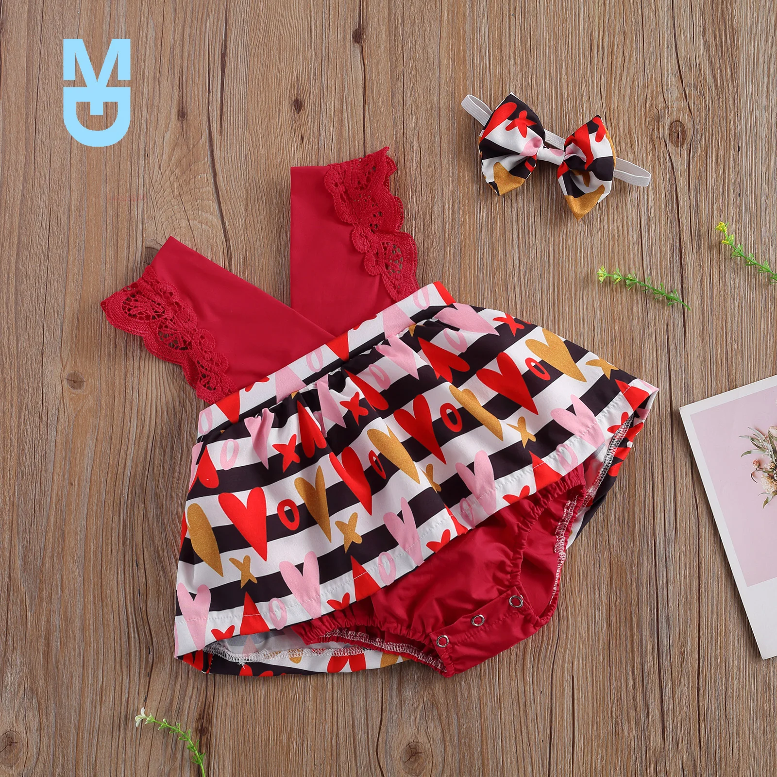 

New FOCUSNORM Valentine's Day born Baby Girls Rompers Headband Lace Sleeve V Neck LOVE Striped Print Jumpsuits 2pcs