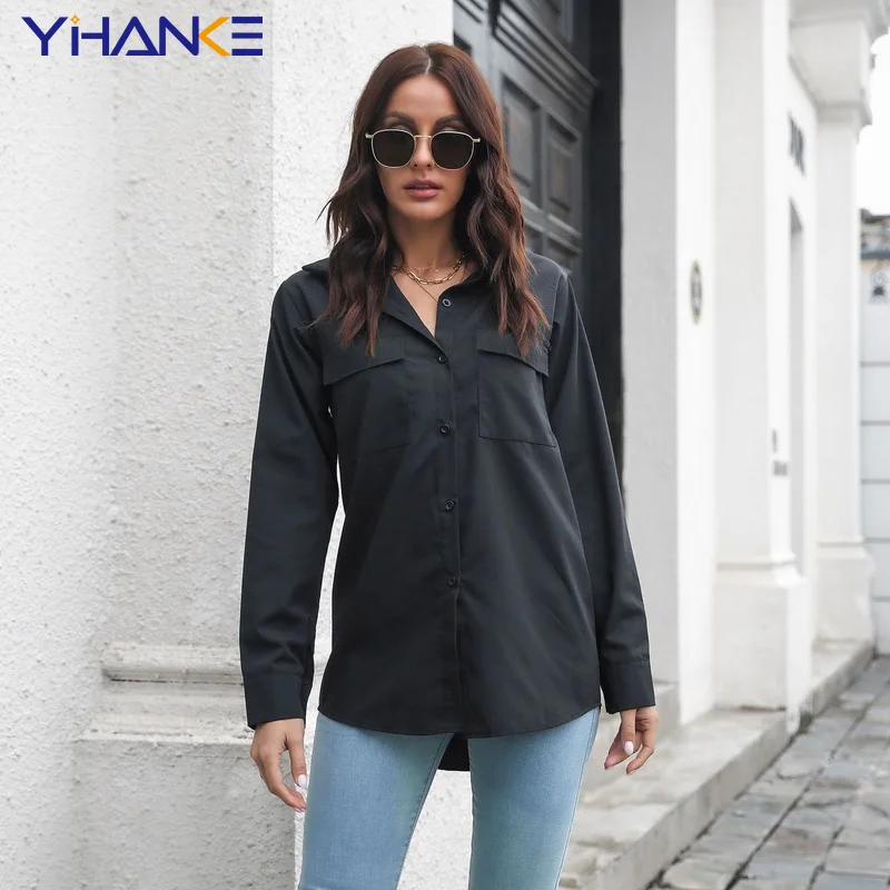 

Women Shirts Spring White Black Loose Oversized Lady Long Sleeve Shirt Two Pockets Plus Size Top Casual Turndown Collar Blouses