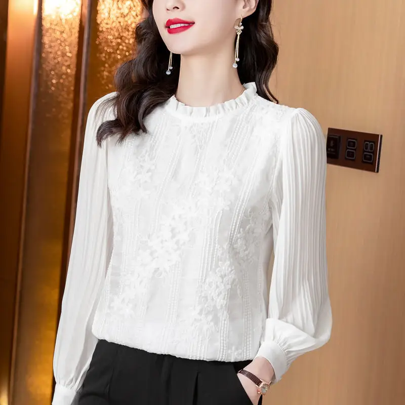 

Women Tops and Blouses 2022 Blouse Female Solid Collar Long Sleeve Top Office Ladies Lace Tops Women Shirts Blusas Feminine G03