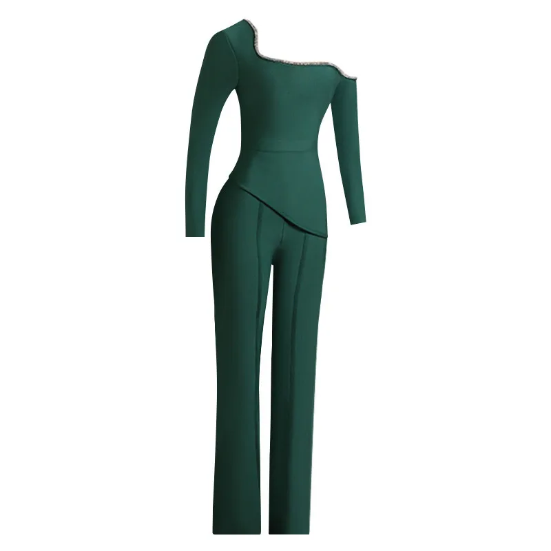Fashion Sexy Bodycon Long Sleeve One Shoulder Women Bandage Jumpsuits Green Diamonds Night Club Outfit Cocktail Evening Party