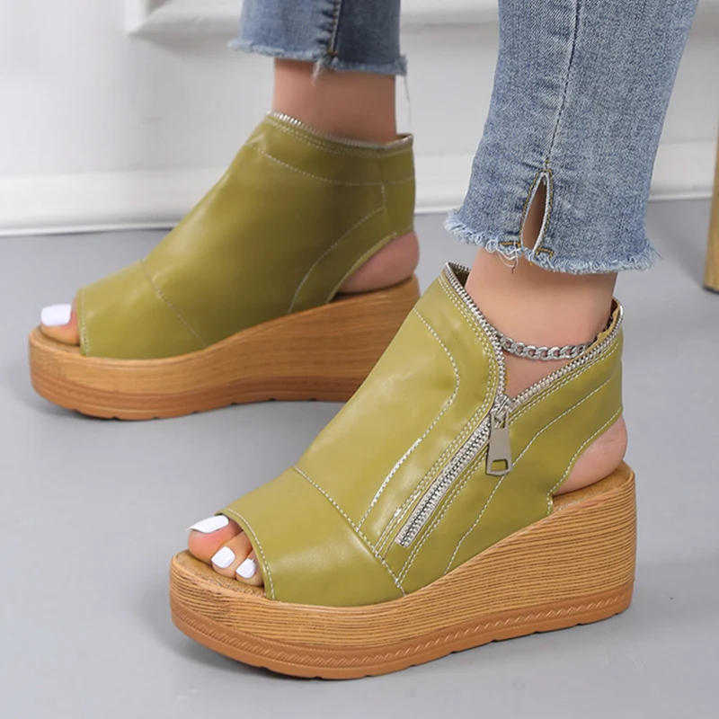 

Women Shoes Platform Wedges High Heels Green Sandals Summer 2022 New Trend Sexy Pumps Zipper Chunky Shoes Slippers Mujer Zapatos