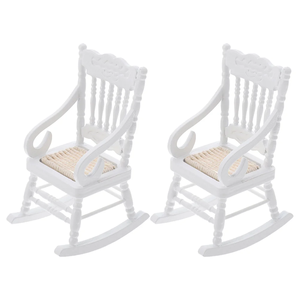 

2 Pcs Mini Chair Wood Rocking House Shape Toys Dollhouse Adornment Bench DIY Accessories Wooden Model