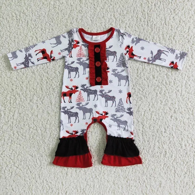 

boutique girls romper button ruffle design deer pattern autumn winter 100% cotton Christmas baby clothing wholesale