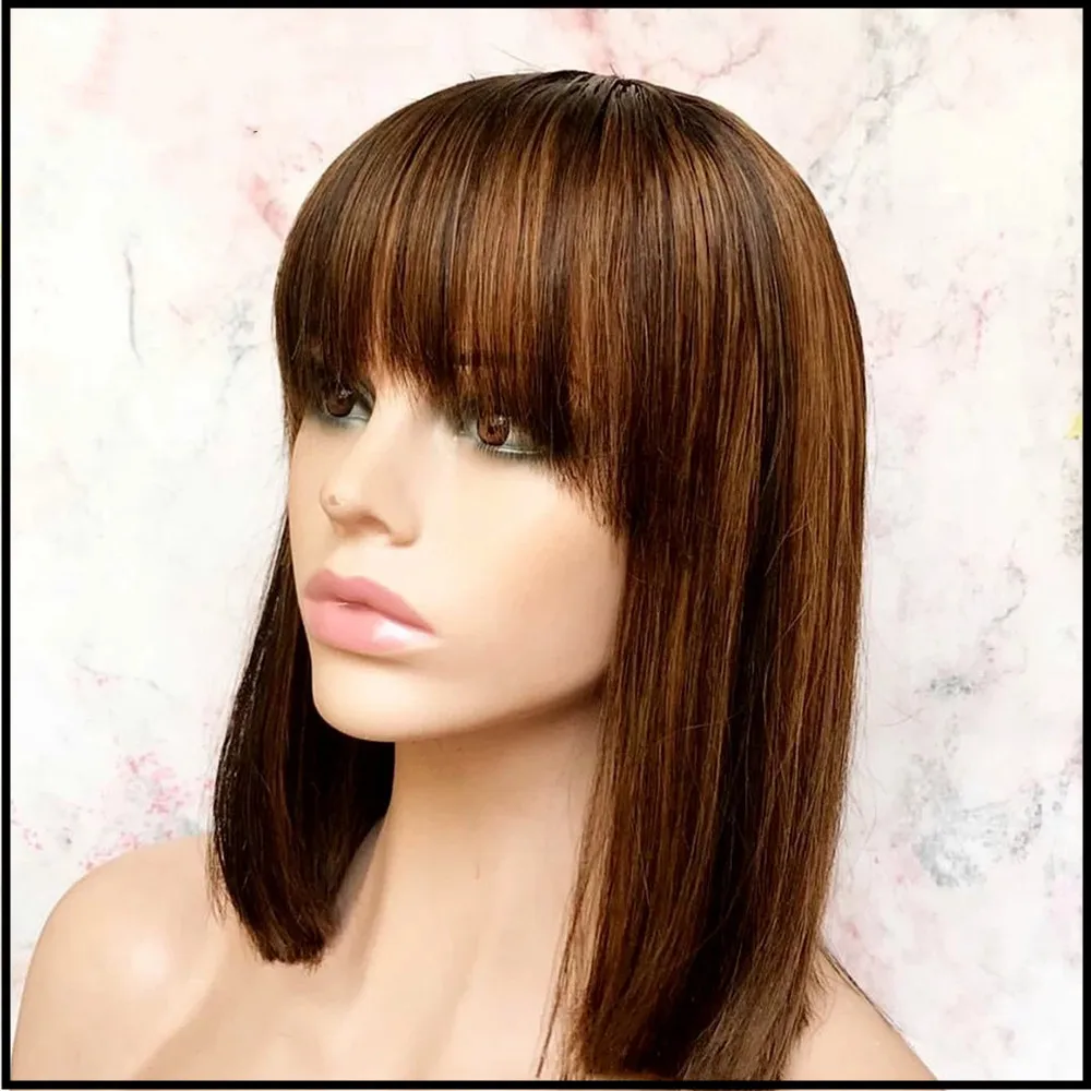 Bob Human Hair Costume Wigs With Bangs for Women Brazilian Hair Wig Mixed color without lace
