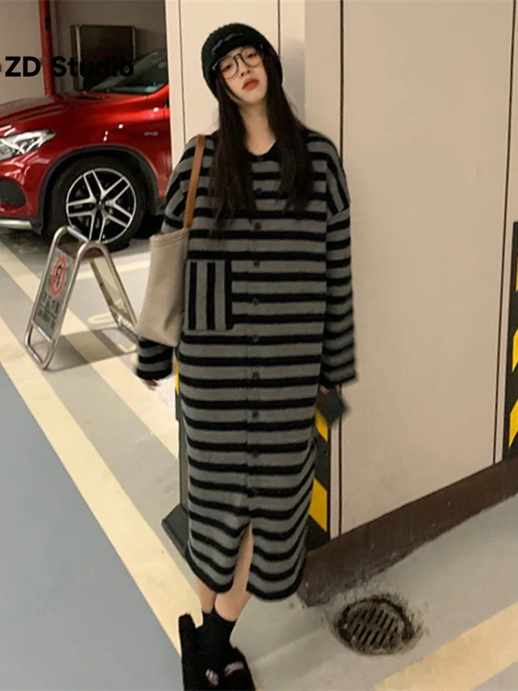 

[ZD Studio] Collar Stripe Knitted Dress For Women Autumn Winter New Loose Medium Length Woolen