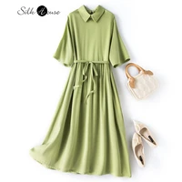 summer silk dress womens short sleeve solid color lapel loose medium length large swing skirt mulberry silk baby dress