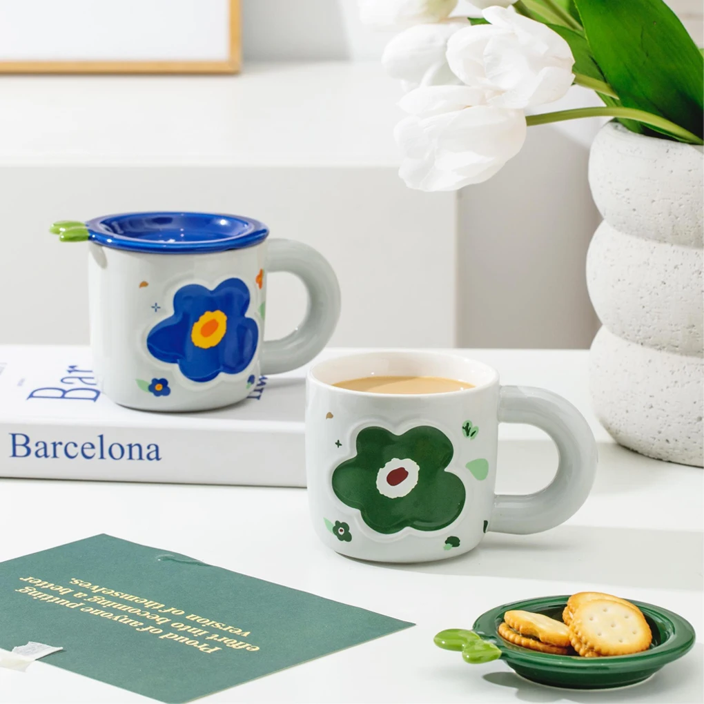 

Mug Ceramic Lid Coffee Cute Mugs Flower Pattern Cup Handle Drinking