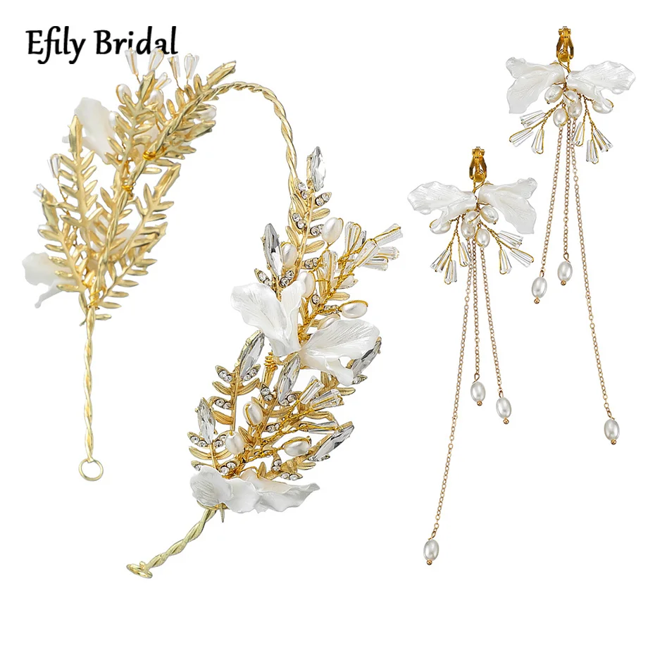

Efily Greek Bridal Wedding Hair Accessories Gold Color Leaf Headband Pearl Flower Tassel Earrings Bride Jewelry Set Hairband