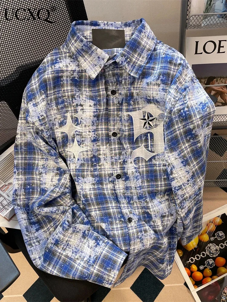 

UCXQ Lapel Single Breasted Contrast Color Plaid Stripe Tie Dyed Ruffled Long Sleeve Shirt For Women 2023 Autumn Spring 23A6208