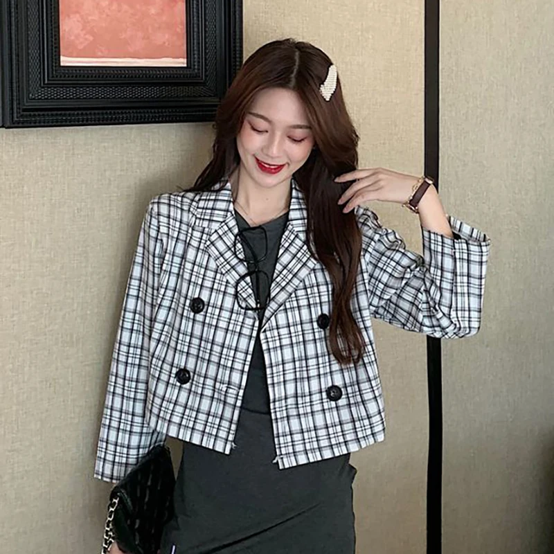 

Винтажный короткий костюм, клетчатая куртка, Женская весенне-летняя корейская мода, укороченная верхняя одежда, Свободный Тонкий Повседневный Топ с длинным рукавом, одежда