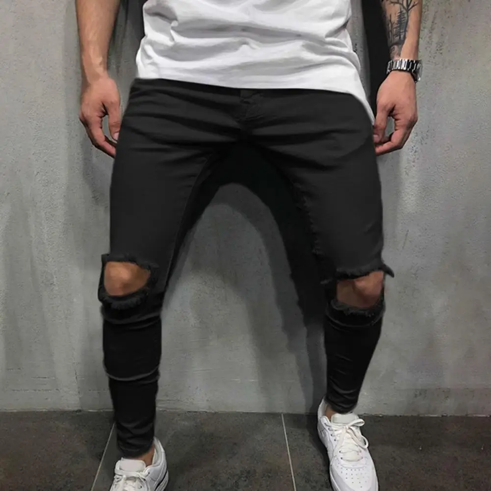 

Брюки мужские рваные однотонные, зауженные штаны на молнии, брюки со средней талией до щиколотки, повседневная одежда, весна