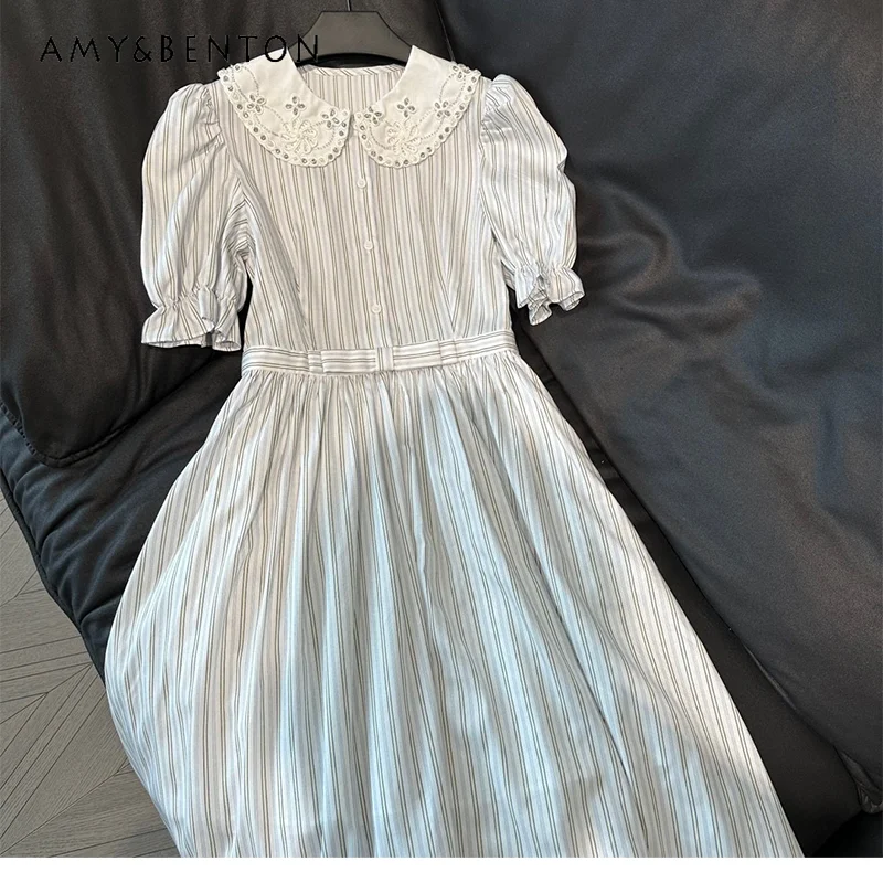 Sweet Striped Dress 2023 Spring and Summer New Retro Rhinestone Turn-down Doll Collar Bow Puff Short Sleeve Princess Dress