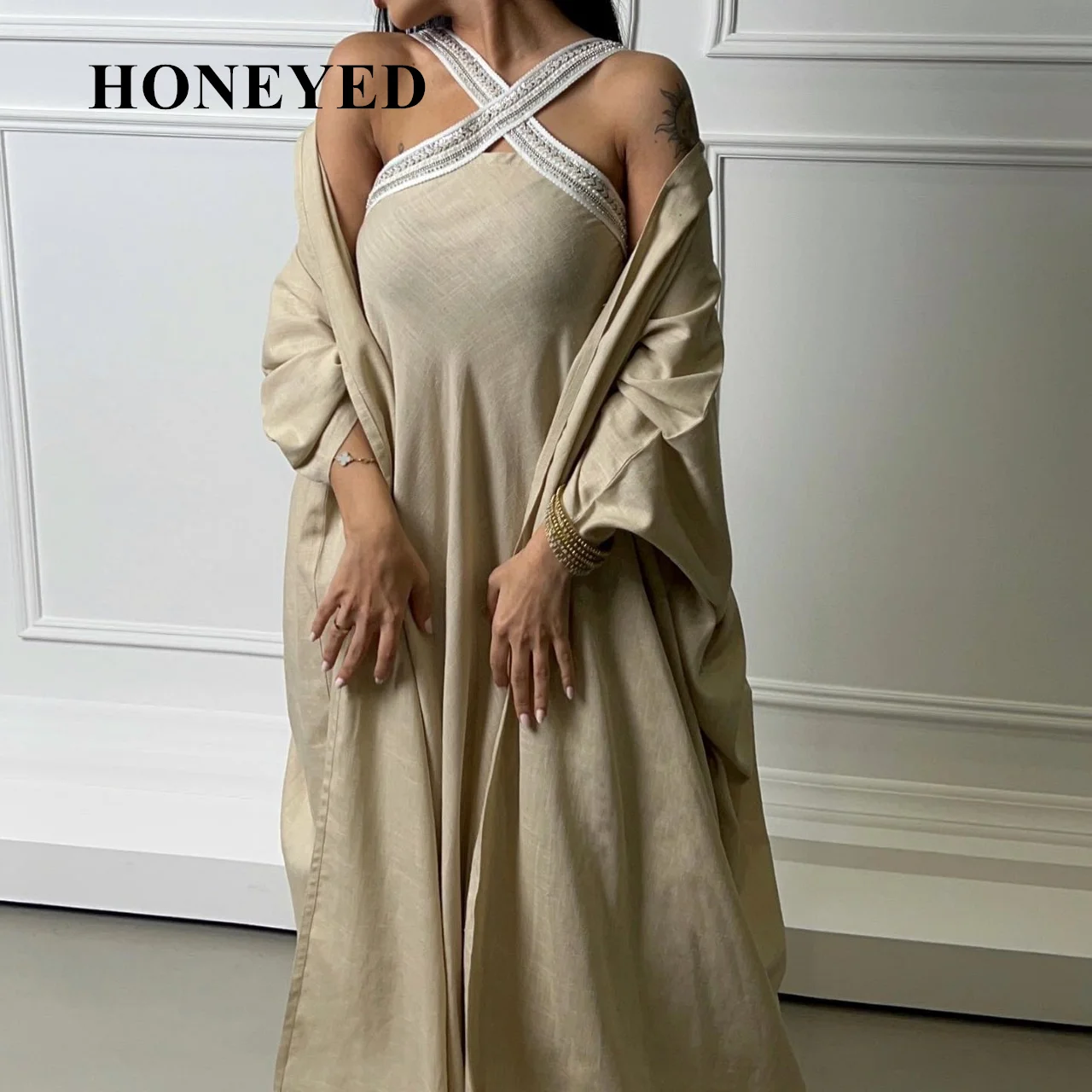 

Honeyed 2023 Chiffon Halter Long Prom Dresses Jewel Neck Side Slit Criss Cross Simple Evening Gowns Women Formal Party Dress New