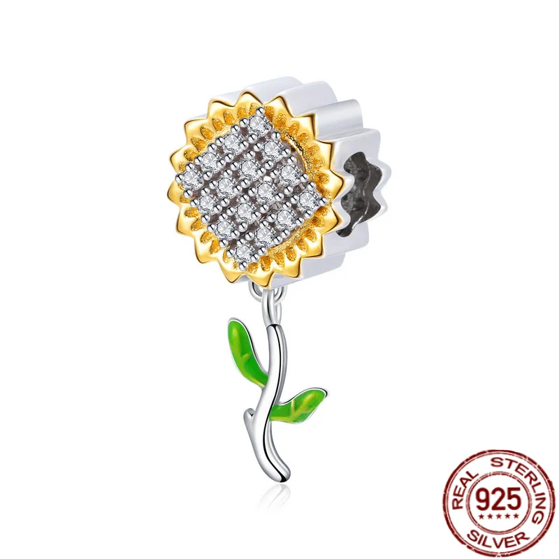 

New Sunflower Sparkling Zircon Charm Fits Original 925 Sterling Silver Pandora Bracelets and Bangles for Fashion Jewelry Gifts