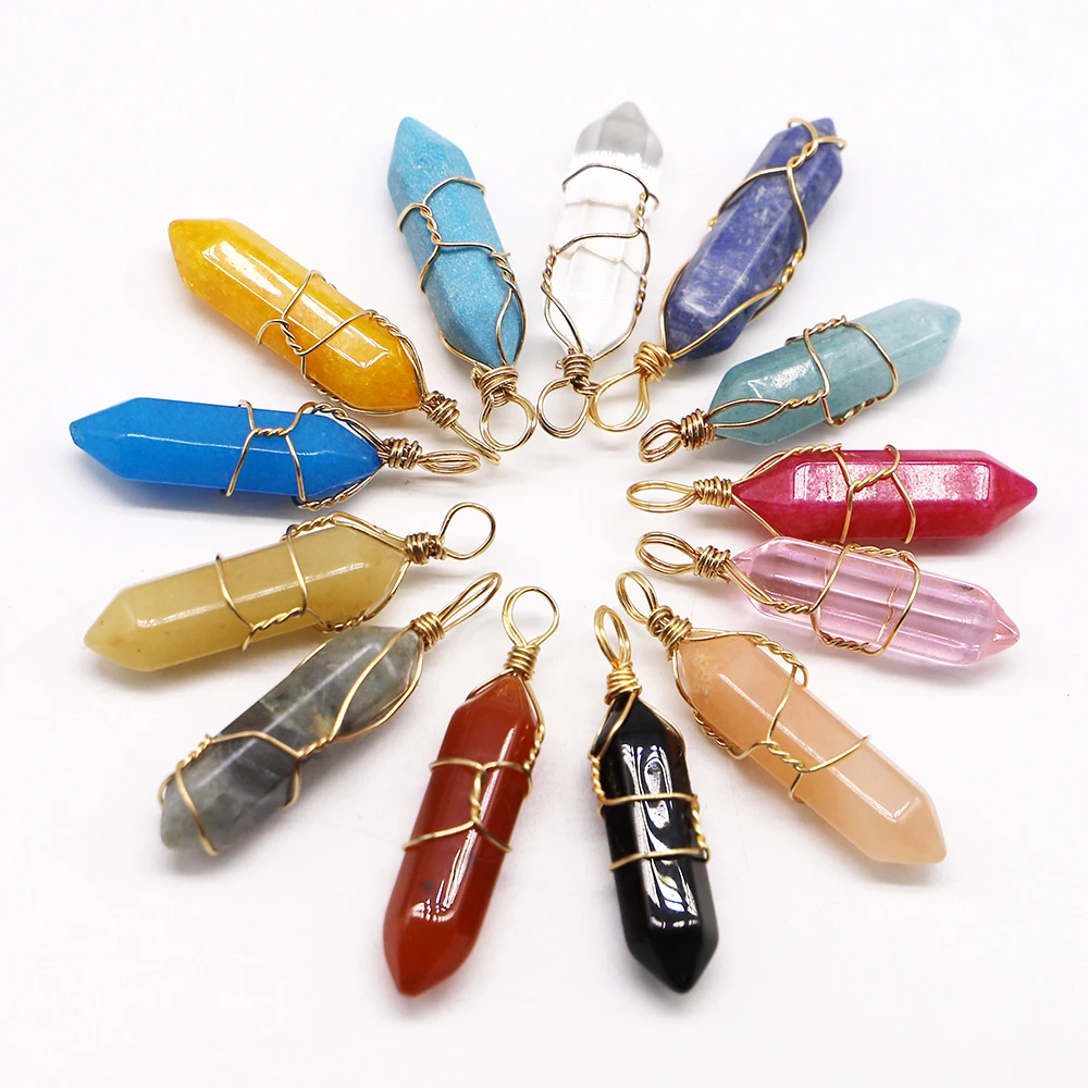 

Natural Stone Pillar Point Hexagonal Copper Wire Winding Column Pendant Quartz Crystal Charm Jewelry Making Necklaces Accessorie