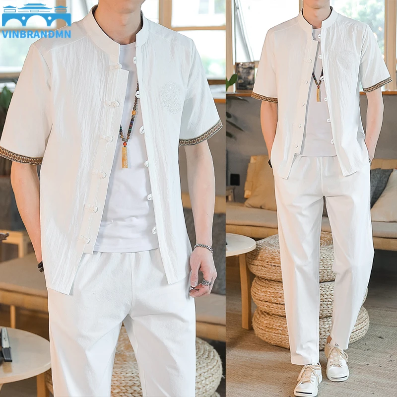 

Мужская одежда, спортивный костюм большого размера для мужа, лето 2022, льняная рубашка, модный мужской комплект в китайском стиле, 4XL, 5XL, две штуки