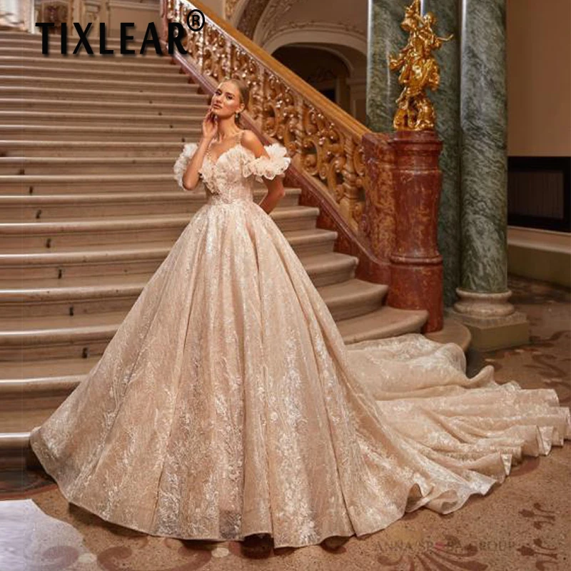 

TIXLEAR Luxurious Princess Wedding Dress Bohemian V-Neck Lace Applique Spaghetti Bridal Gown Chapel Train Vestidos De Novia 2023