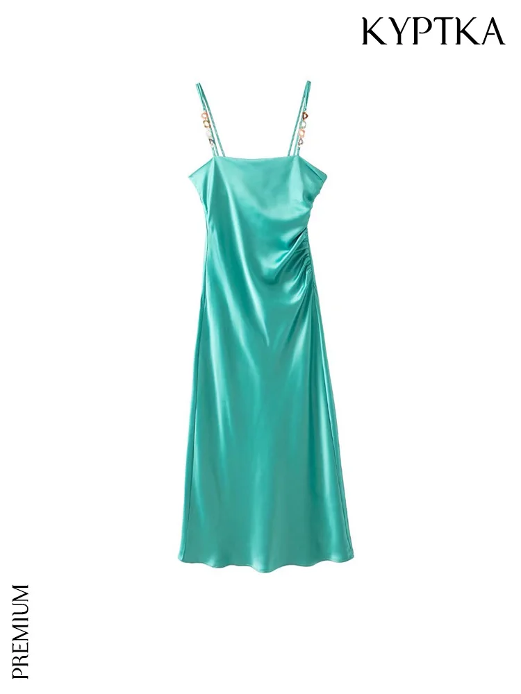

KYPTKA Women Fashion With Chains Straps Gathered Party Midi Dress Vintage Backless Side Zipper Female Dresses Vestidos Mujer