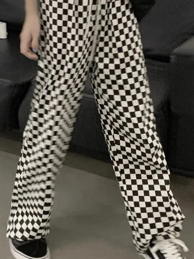 Женские широкие брюки в клетку HOUZHOU черные и белые Корейском стиле Харадзюку