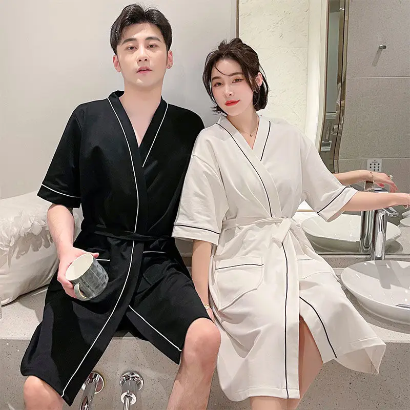 Couple's Nightgown Long Sleeve Pure Cotton Simple Solid Color Girls Comfortable Loose Men's Medium Length Pajamas Bathrobe