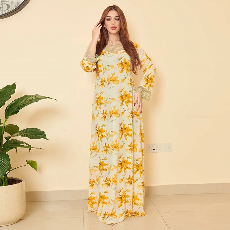 Flower Print Lace Eid Abaya For Women 2022 Diamond Ramadan Dubai Arab Evening Morocco Arabic Abayas Hijab Muslim Dress Turkey