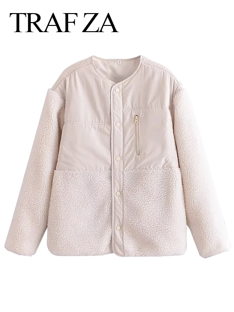 

TRAF ZA Women's Winter Warm Jacket Retro Chic Casual Ladies Top Solid Lamb Wool Long Sleeve Single Breasted Pocket Jacket Mujer