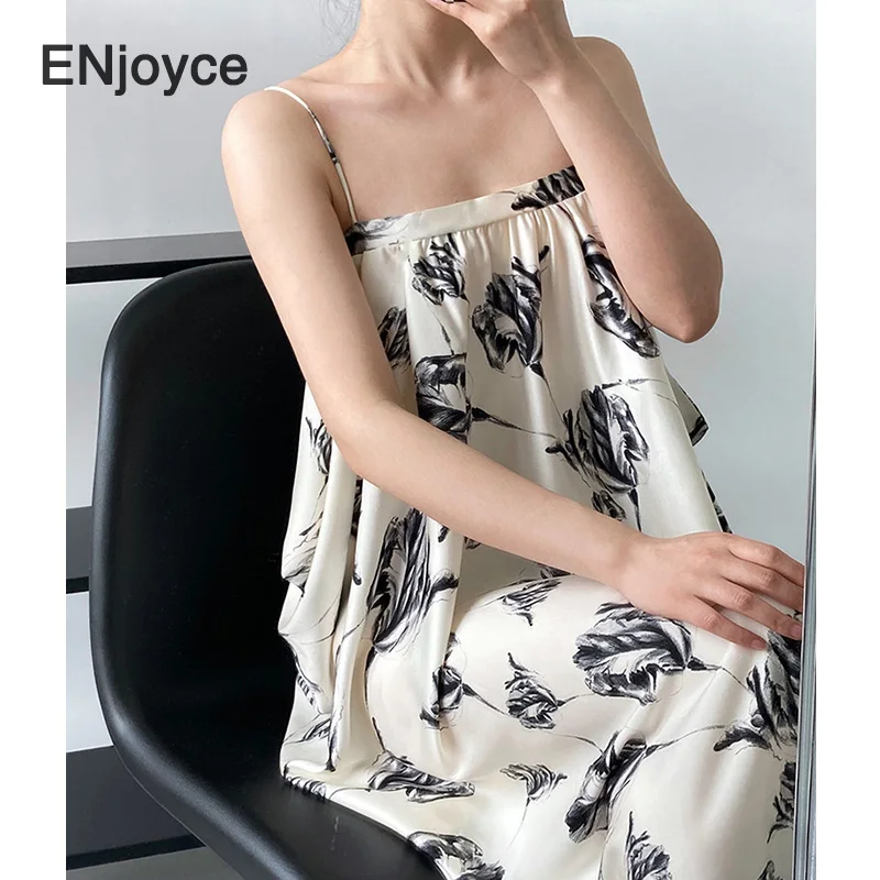 

Vintage Floral Suspender Dress Women Korean Printed Holiday style Loose Sleeveless Straight Long Dresses Summer