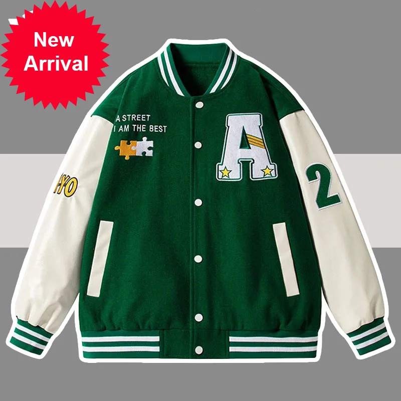 

Куртка Varsity в стиле хип-хоп для мужчин, бейсбольные куртки в стиле Харадзюку с вышитыми надписями-пазлами, зеленая искусственная кожа, больш...