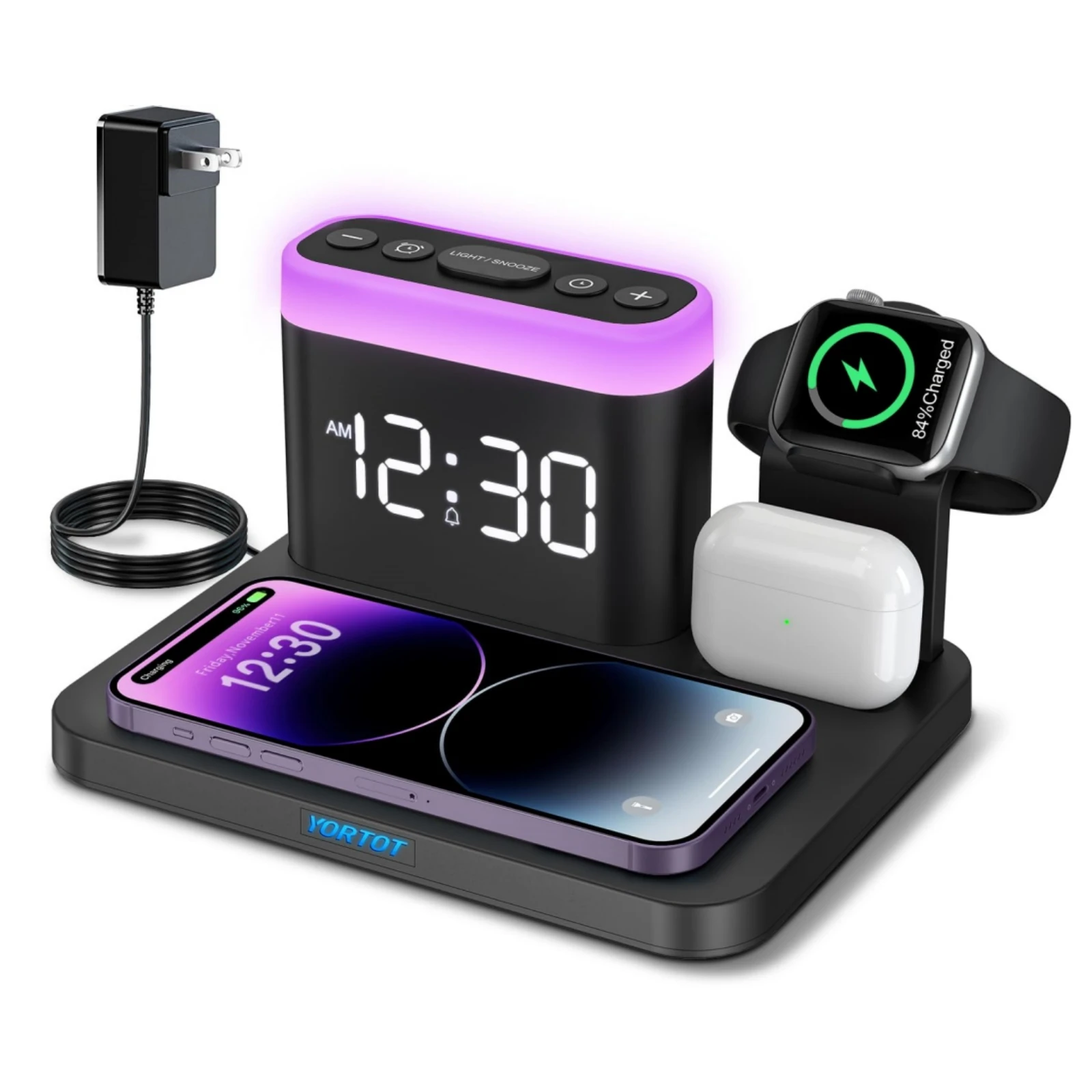 Беспроводная зарядная станция YORTOT 5 в 1 с функцией будильника дисплей Luminova