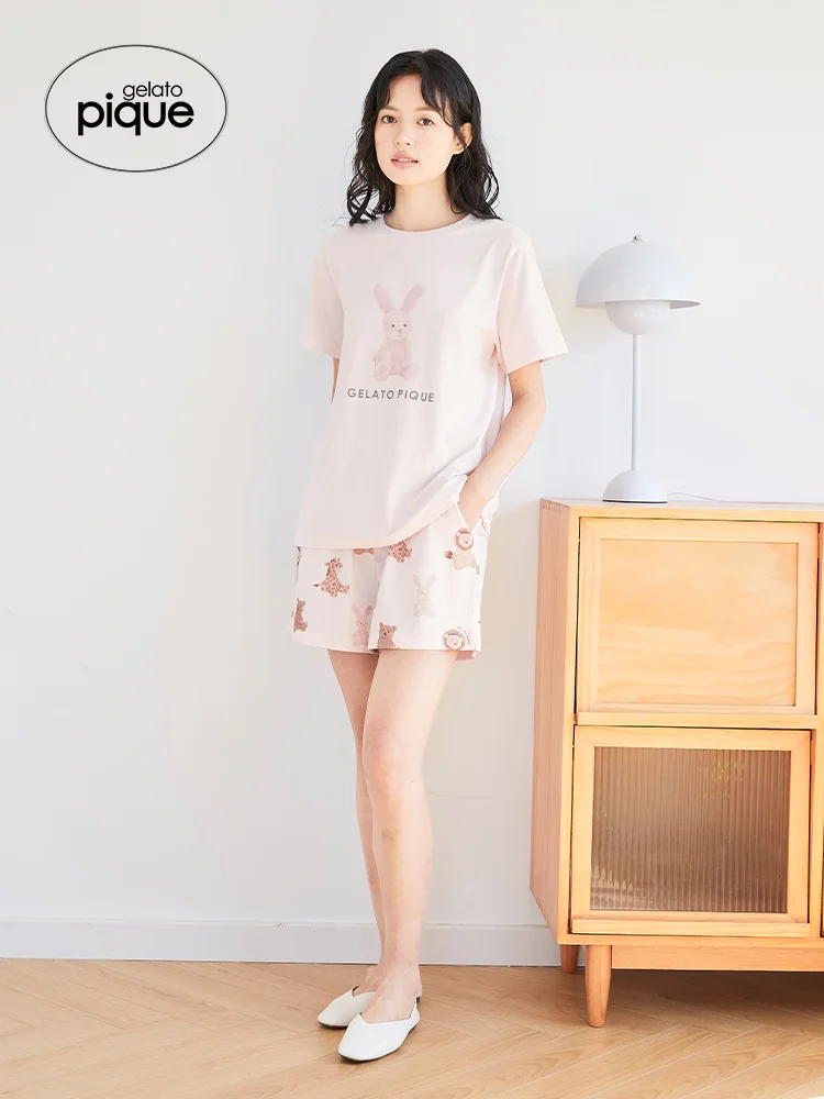 Tops Bottoms New Arrivals Room Wear Gelato Pique Summer Women's Pajamas Suit T-shirt Rabbit Lion Pattern