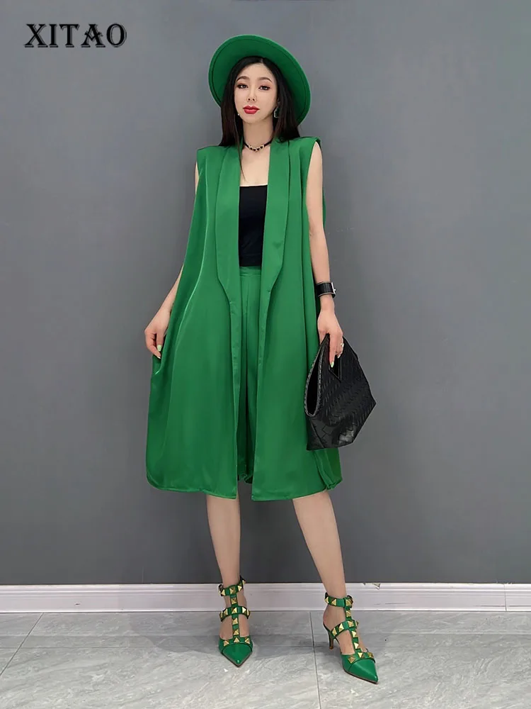 

XITAO Two Piece Set Women Fashion Sleeveless Single Breast Top Elastic Shorts Minority Loose Solid Color Pleated WMD6883