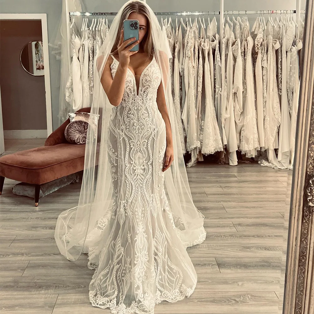 

Boho Wedding Dress For Women 2022 Sleeveless Deep V-Neck Vintage Mermaid Bridal Gowns Lace Appliques Backless Vestido De Novia