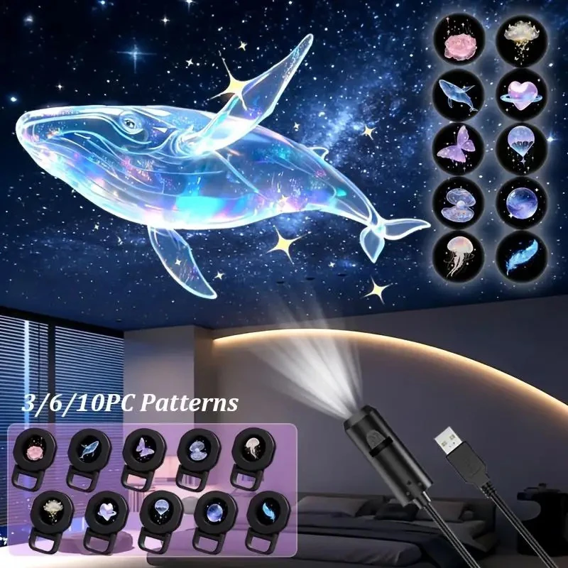 Фото USB-проектор звездного неба, ночник 360 °   Регулируемая атмосферная лампа Galaxy с эффектом бабочек и китов для интерьера автомобиля и дома. №1