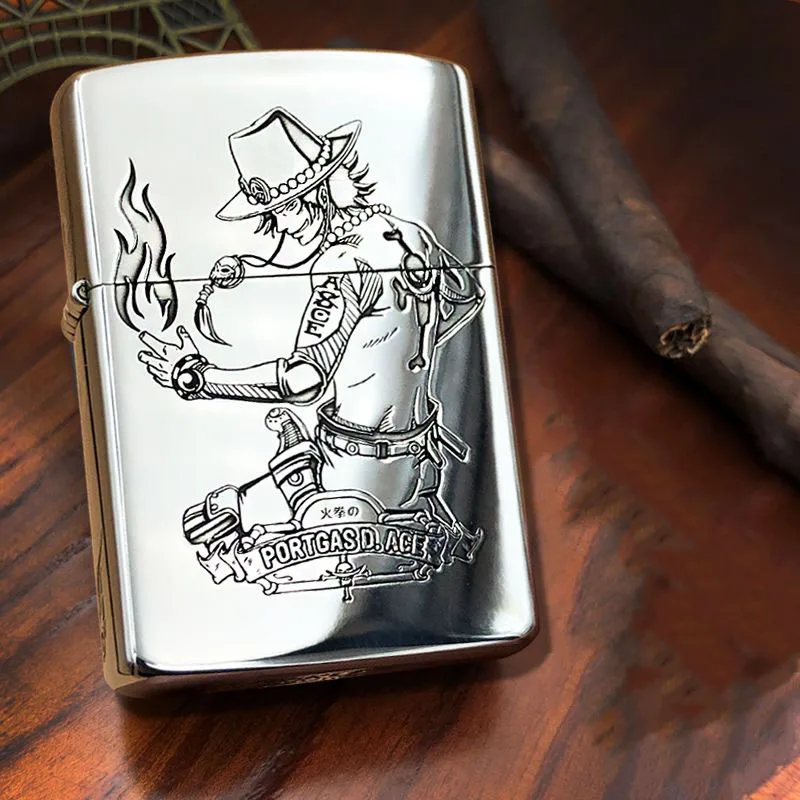 

One Piece Ace Windproof Lighter Luffy Zoro Anime Figure Peripheral Zorro Concave Carving Kerosene Cigarette Lighter Gift for Boy