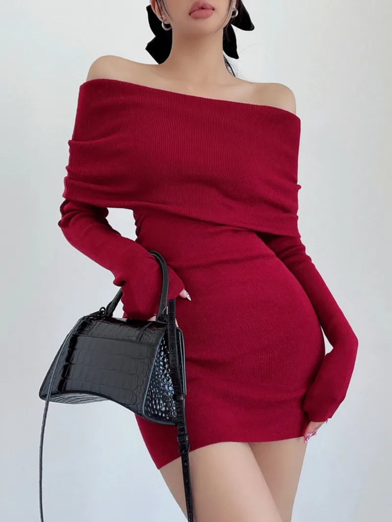 

Трикотажное эластичное женское мини-платье с воротником-лодочкой, женский свитер, тонкие модные сексуальные женские топы, облегающее корей...