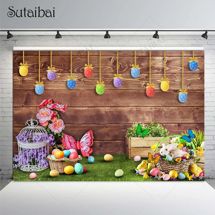 

Easter Wooden Board Theme Background Green Lawn Bunny Butterfly Colored Eggs Farm Flowers Kids Newborn Baby Photo Backdrop Props