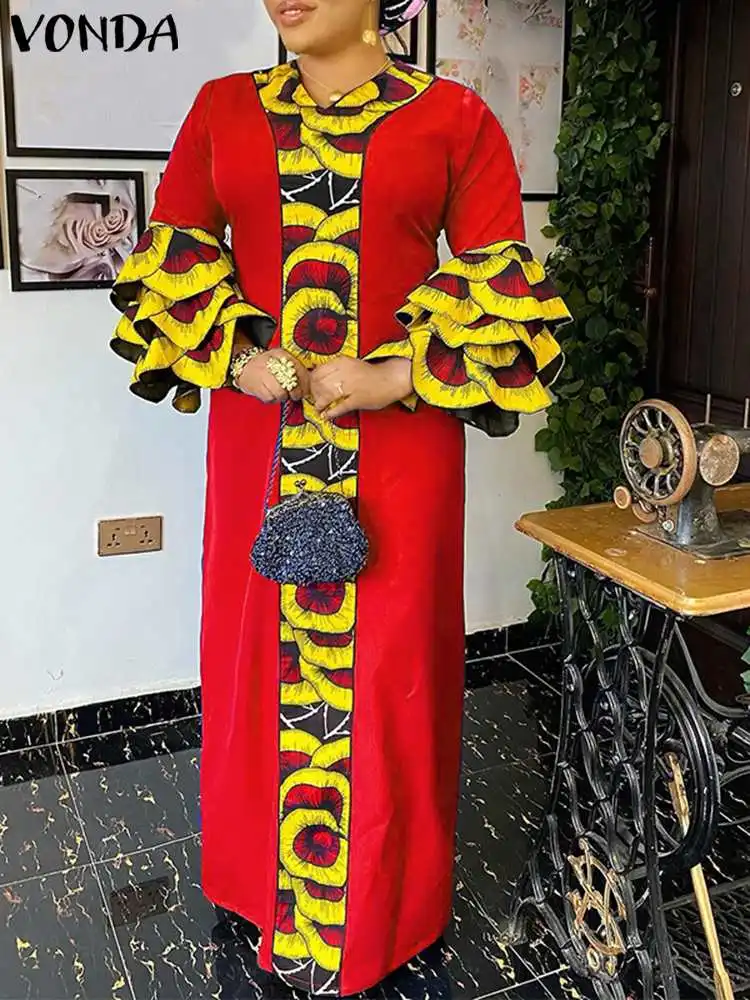 

Богемное платье VONDA с оборками, осень 2023, женское свободное Макси Сарафан с цветочным принтом, винтажное Повседневное платье 3/4 с расклешенным рукавом, большие размеры