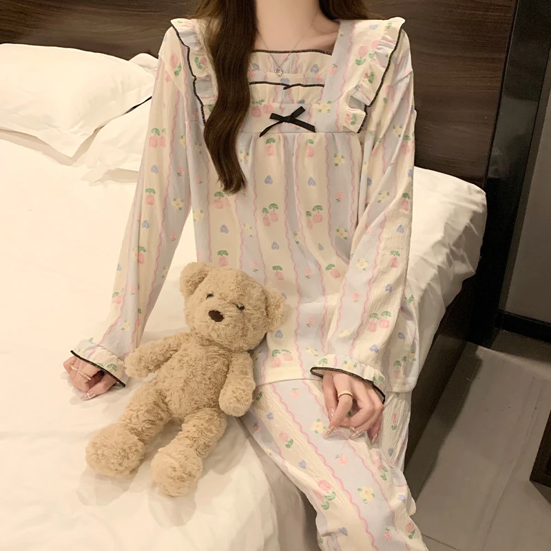 Милая женская пижама одежда для сна с бантом и квадратным вырезом Повседневная