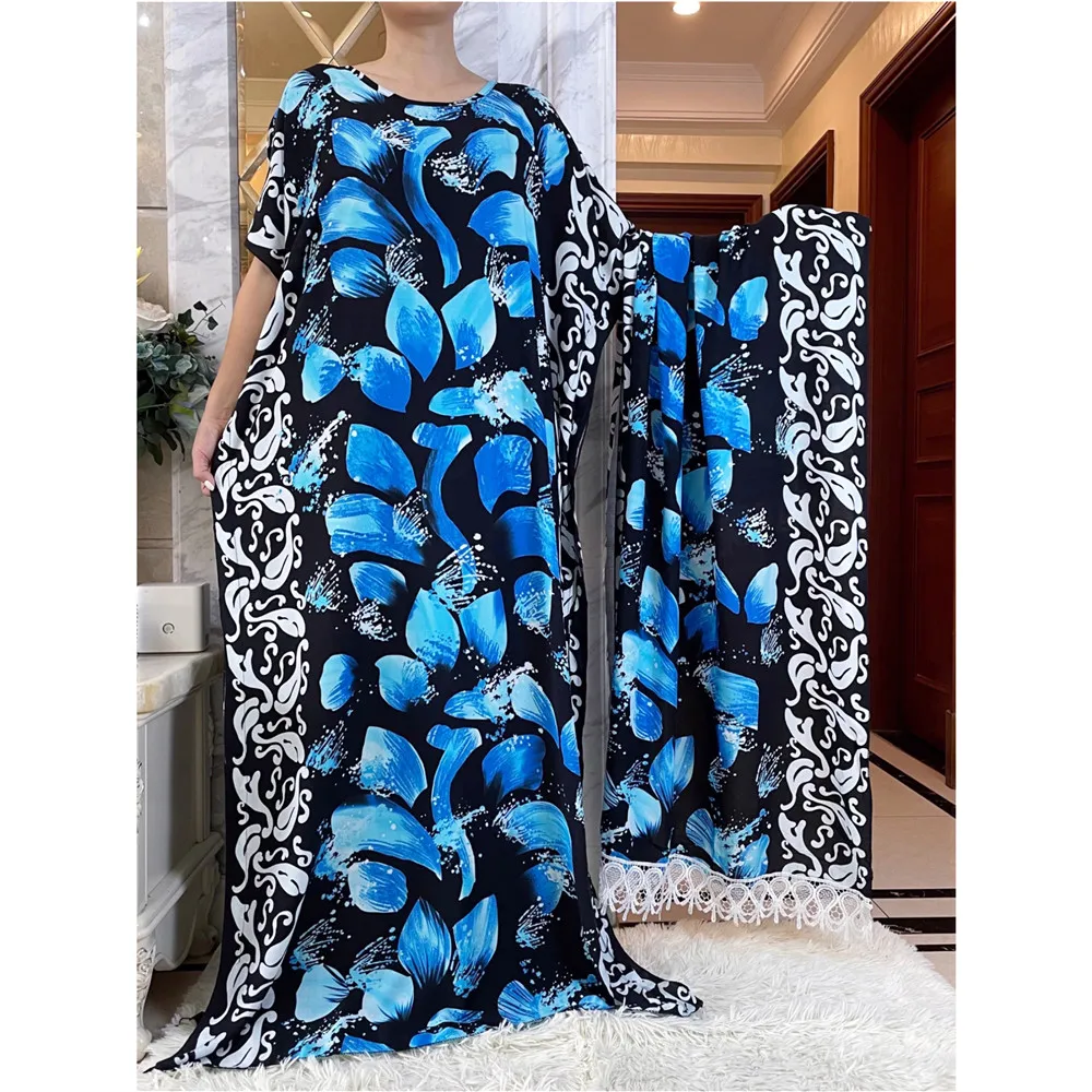 

2023 Dubai Muslim Dress with Big Scarf for Women Loose Maxi Robe Femme Musulmane African Print Floral Abaya YY13