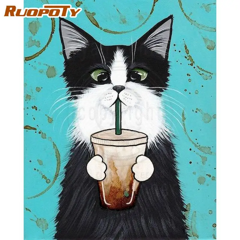 

RUOPOTY Oil Painting By Numbers Cat Drinking Milk Animal Picture By Number Hand Painted 40x50cm Frame DIY Gift Home Wall Paint