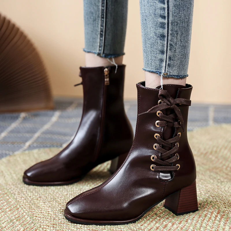 

Ботильоны женские на квадратном каблуке, дизайнерская Теплая Бархатная офисная обувь с боковой молнией, черные, коричневые