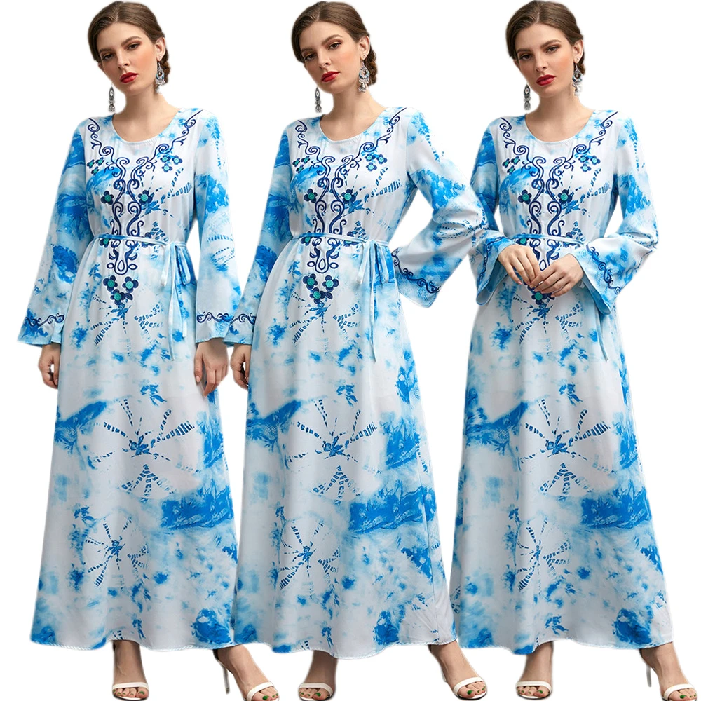 Женское платье с вышивкой Abayas, длинное этническое винтажное платье с принтом в мусульманском стиле, повседневное арабское платье макси, оде...