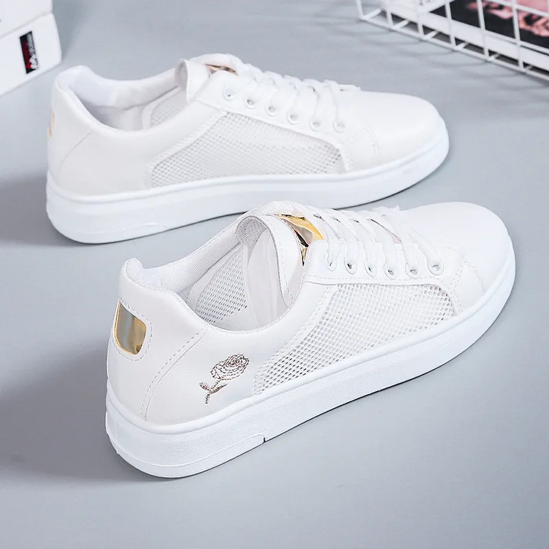 

Women Casual Shoes 2022 New Ladies Shoes Fashion Embroidered Flower White Mesh Breathable Lace-Up Sneakers Zapatilla Mujer