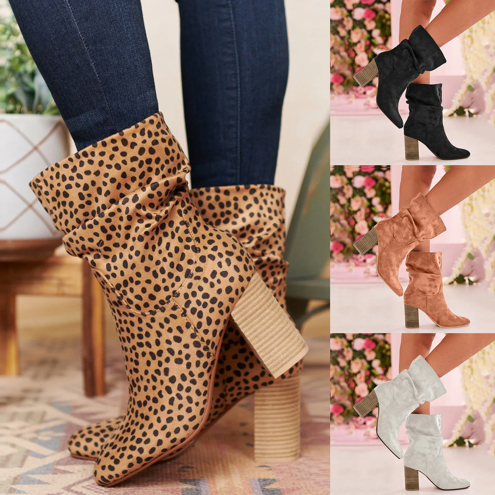 

Fashion Women's Boots Plus Size Spring and Autumn Non-slip Flocking Thin High Heels Leopard Print Pointed Toe Casual Ankle Boots