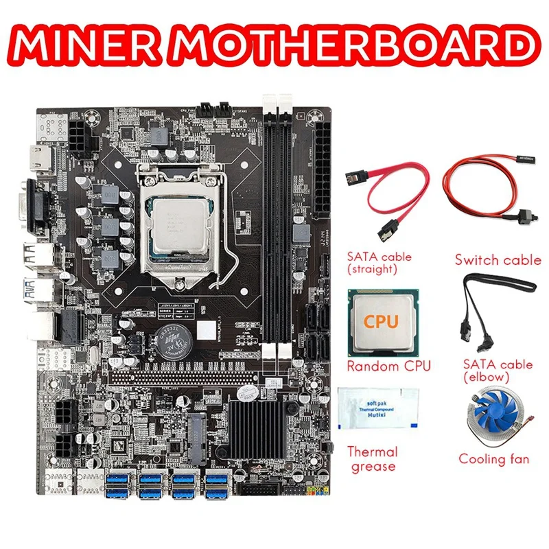 B75 8USB BTC Miner Black Miner Motherboard+CPU+CPU Fan+Thermal Grease+Switch Line+2XSATA Cable