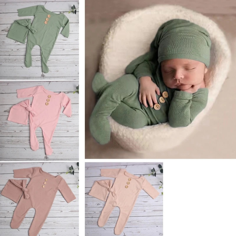 2Pcs/Set Newborn Baby Long Romper Jumpsuit with Knotted Hat Buttons Solid Color Infant Coverall Photo Prop Outfits Dropshipping