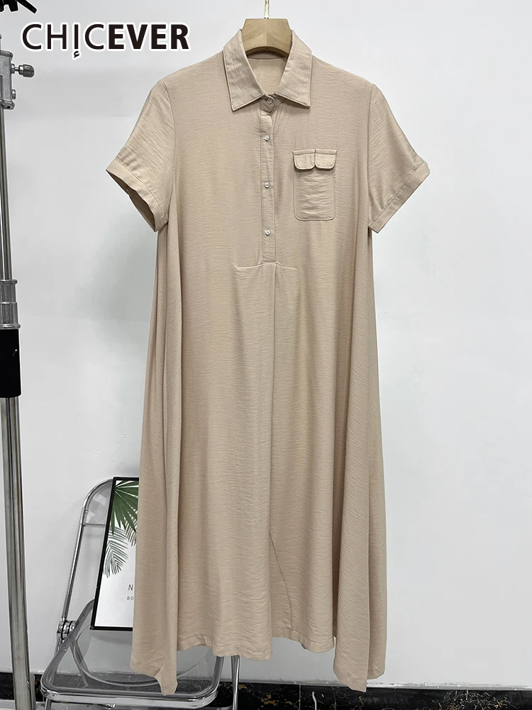 

CHICEVER асимметричное однотонное длинное женское платье с отворотом и коротким рукавом, лоскутное платье-пуловер на пуговицах для женщин, лет...