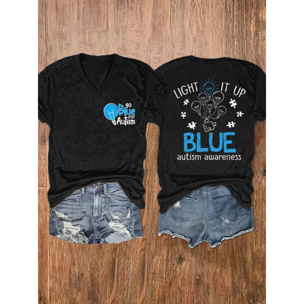 

Rheaclots Women's Go Blue for Autism Light It Up Blue Autism Awareness Jigsaw Puzzle Print V-Neck Short Sleeve T-Shirt