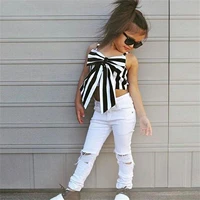 toddler kids girls clothes sets big bowknot strap striped t shirt topshole long pants leggings 2pcs outfits clothes set 1 7y