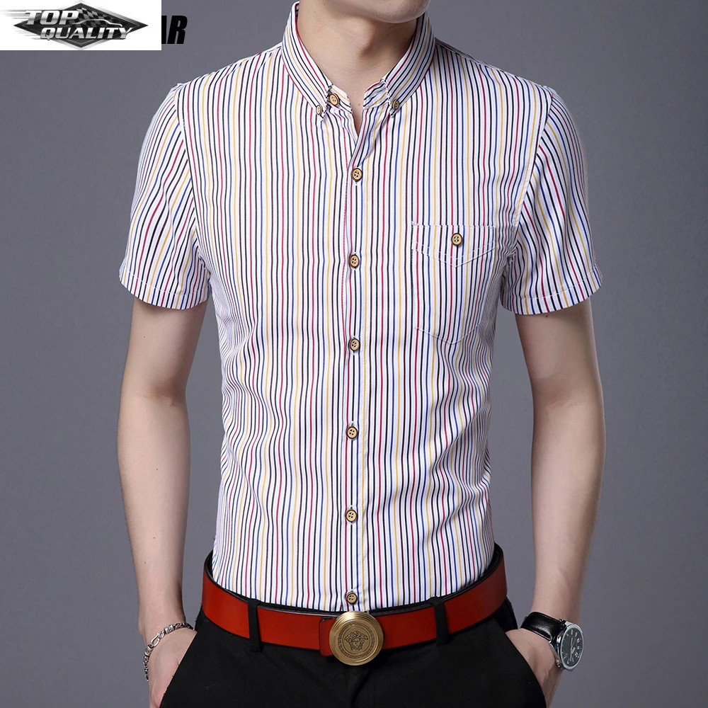 

2022 Summer New Brand Button Down Slim Fit Men Shirts Korean Short Sleeve Striped Casual Fashion Mens Designer Clothes